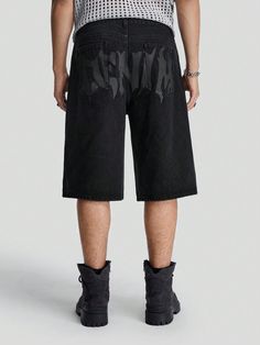 Men's Black Denim Graffiti Letter Print Loose Fit Jorts Shorts, Streetwear Plain Letter Oversize Denim Jorts Party Plain Black Denim Shorts, For Husband, Boyfriend Gifts Black    Denim  Bermuda Non-Stretch  Men Clothing, size features are:Bust: ,Length: ,Sleeve Length: Denim Graffiti, Shorts Streetwear, Drawstring Waist Shorts, Shorts Denim, Casual Stripes, Short En Jean, Plain Black, Black Denim Shorts, Mens Denim