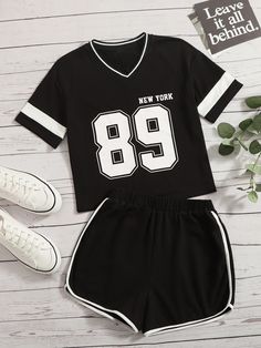 Preto Casual Collar Manga Curta  Bloco de cores,Letra  Embellished Elasticidade Baixa Verão Roupa Meninas Black Sporty Outfit, Shorts For 10-12, Clothes For 10 Years Old Girl, Short Shein, Cute Clothes For Kids 11-12. No Crop Tops, Kids Fashion Girl 8-10 Summer, Baby Girl Leggings, Cute Pajama Sets, Bff Outfits