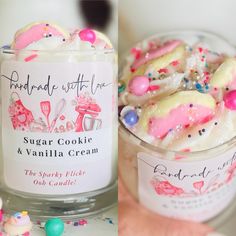 a jar of sugar cookie and vanilla cream with sprinkles on the side