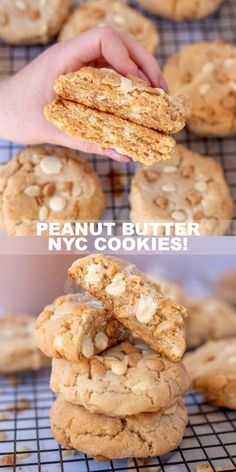 peanut butter cookies are stacked on top of each other and the cookie has been cut in half