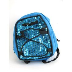 a blue backpack with sequins on it