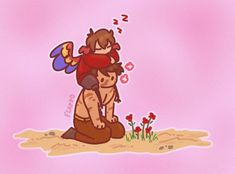 a drawing of a man carrying a woman on his back in the sand with flowers behind him