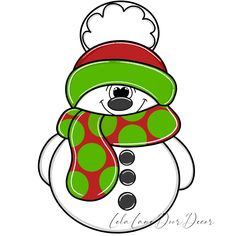 a snowman wearing a green and red hat with polka dots on it's face