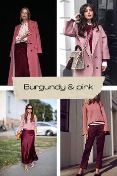 Winter Style Dress Outfit Ideas, Burgundy Jeans Outfit Summer, Work Outfits With Burgundy Pants, Pink Winter Outfits For Women, Brunette In Pink Outfit, Burgundy Spring Outfit, Red And Magenta Outfit, Pink And Wine Outfit, Color That Goes With Pink