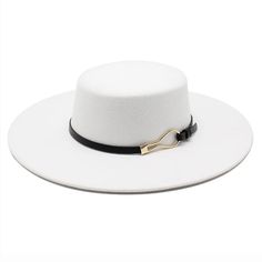 Style: Women Wide Brim Wool Felt Fedora Hats Item Type: Fedoras, hats for women, fashion fedora hat, fedora hat women, womens fedora hat wide brim Feature: Fashion accessory, keep warm Top Style: Flat Top Hat Pattern Type: Solid Detail: Gold color Loop Belt BandSize: One Size, 22.05-22.83in / 56-58cm Material: Cotton Material: Polyester Material: Wool Chic Solid Wide Brim Boater Hat, Chic Solid Color Fedora Sun Hat, Elegant Felt Bucket Hat, Chic Adjustable Wide Brim Top Hat, Elegant Solid Color Sun Hat With Flat Brim, Chic White Fedora Felt Hat, White Chic Wide Brim Felt Hat, Chic White Wide Brim Felt Hat, Elegant Fedora For Beach And Fall Season