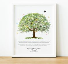 a tree with birds flying around it on a shelf next to a framed print that says,