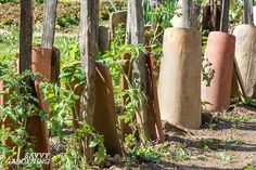 a row of wooden poles sitting next to each other on top of a dirt road