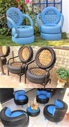 two different pictures of chairs made out of tire tires and one has blue cushions on it