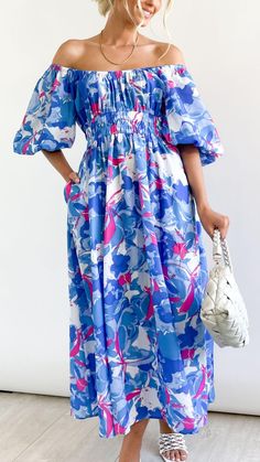 Look and feel like a princess this event season in this Dress! This style and print will be adored by all! Summer Printed Dress With Puff Sleeves, Summer Puff Sleeve Printed Dress, Spring Off-shoulder Midi Dress For Casual Wear, Off-shoulder Midi Dress For Spring, Beach Maxi Dress With Puff Sleeves And Floral Print, Blue Off-shoulder Spring Dress, Off-shoulder Multicolor Midi Dress For Spring, Floral Print Off-shoulder Sundress, Off-shoulder Floral Print Sundress