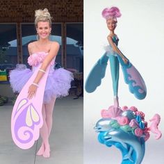 a woman in pink and blue is standing next to a figurine that looks like a mermaid