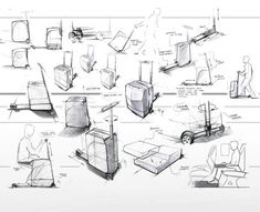 sketches of different types of luggage and people