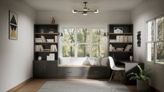 an empty room with bookshelves, desk and chair in the corner near a window