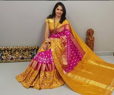 Yellow Silk Saree, Langa Voni, Pochampally Ikkat Silk Sarees, Pattu Saree Blouse Designs, Blouses Designs, Designer Silk Sarees, Ikkat Pattu Sarees, Indian Saree Blouse, Indian Saree Blouses Designs