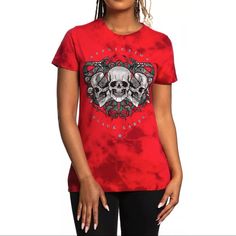 Affliction Women's T-Shirt Poison Soul Black Label Collection Skull Biker Brand: Affliction Color: Mars Red Crystal Wash Style: Poison Soul / Aw24034 Mrcs Material: 100% Cotton Detail: Rhinestone Graphic Crew Neck Washed T-Shirt Casual Tops With Skull Shape For Alternative Fashion, Biker Skull Print Crew Neck Top, Biker Crew Neck Tops With Skull Print, Casual Skull Print Top For Alternative Fashion, Red Skull Print Graphic Tee, Casual Red Skull Print Tops, Red Fitted Grunge T-shirt, Red Crew Neck Tops For Alternative Fashion, Edgy Red Short Sleeve Top