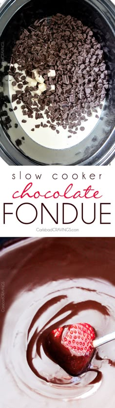 chocolate fondue in a bowl with the words slow cooker chocolate fondue on it