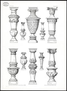 an antique drawing of vases and urns