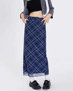 A stylish blue plaid maxi skirt with a high-waist design and drawstring closure. The skirt features a checkered pattern in varying shades of blue, creating a modern yet classic look. Its long, straight silhouette provides a sleek and elegant appearance, perfect for both casual and semi-formal occasions Size:• S: Waist: 62cm/ 24.4 in, Hips: 87cm/ 34.3 in, Length: 90cm/ 35.4 in• M: Waist: 66cm/ 26.0 in, Hips: 91cm/ 35.8 in, Length: 91cm/ 35.8 in• L: Waist: 70cm/ 27.6 in, Hips: 95cm/ 37.4 in, Length: 92cm/ 36.2 in• XL: Waist: 74cm/ 29.1 in, Hips: 99cm/ 48.9 in, Length: 93cm/ 36.6 in• 2XL: Waist: 78cm/ 30.7 in, Hips: 103cm/ 40.6 in, Length: 94cm/ 37.0 inMaterial: Polyester Long Plaid Skirt Outfit, Fairy Aesthetic Clothes, Softgirl Outfits, Plaid Maxi Skirt, Long Plaid Skirt, Plaid Skirt Outfit, Clothes Grunge, Aesthetic Sweaters, 90s Clothes