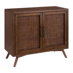 a wooden cabinet with wicker doors and legs