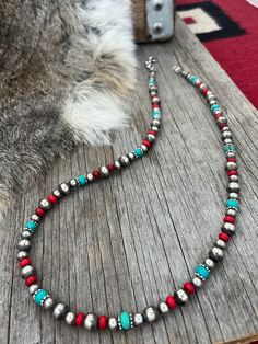 "Beautiful Navajo Style Necklace made with 6 and 8mm silver pearls, turquoise & coral acai Beads ~ Choose Your Length ~ A lovely strand of Navajo Style pearls made by artists for Navajo Pearls Ranch, each bead is heavily plated in .925 sterling silver, hand polished & antiqued, creating a perfect Western Pearl! You won't find a better price for a necklace like this anywhere in the world! Silver bead sizes are sizes 6 and 8mm Turquoise beads are 7mm Coral Acai beads are 6mm Choose your length fro Western Beaded Necklace, Navajo Pearls Necklace, Western Fashion Jewelry, Rodeo Jewelry, Stone Bead Jewelry, Navajo Necklace, Navajo Pearls, Navajo Style, Bead Sizes