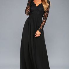 Beautiful Lace Sleeve Maxi Dress From Lulus! Like New, Only Worn Once. Open Back Formal Dress, Awaken My Love, Black Lace Dress Long, Black Lace Maxi Dress, Peasant Style Dress, Long Sleeve Skater Dress, Sequence Dress, Blue Long Sleeve Dress, Modest Bridesmaid Dresses