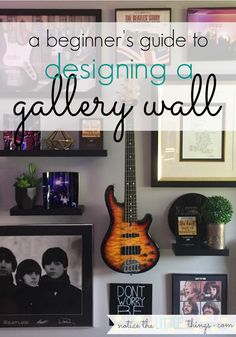 a guitar hanging on the wall next to pictures and framed photos with text overlay