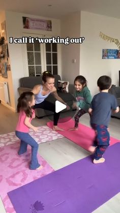 a group of children are doing yoga in a living room with the caption'i call it working out? '