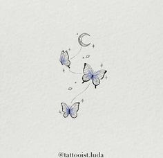 two butterflies flying next to each other with the moon and stars in the sky above them