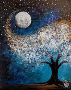 an acrylic painting of a tree and the moon