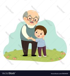 an old man and a young boy are standing in the grass with their arms around each other