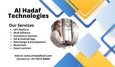 an advertisement for a company with a woman working on a laptop and the words, al hadaf technologies