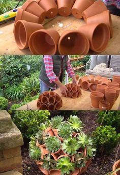 several different types of clay pots are arranged on a table and placed in the middle