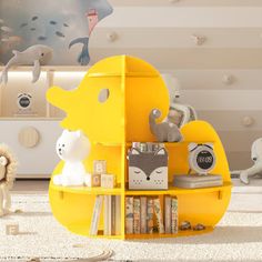 a child's room with toys and bookshelves in the shape of animals