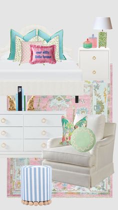 a white bed sitting next to a dresser with pillows on top of it and a chair in front of it