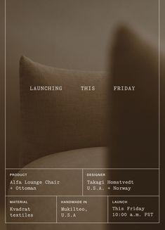 an event poster with the words launching this friday in white on a brown background, sitting next to a couch