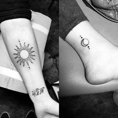 two people with matching tattoos on their feet, one has a sun and the other has a moon