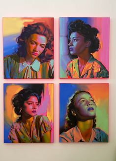 four paintings of women in different colors on a wall