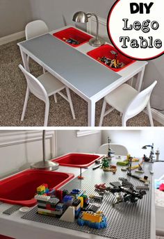 lego table and chairs with toy cars on them