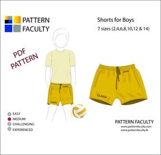 PDF Digital Pattern  - Instant Download Shorts for boys (lilman) - 7 sizes - 2, 4, 6, 8, 10, 12 & 14  What you will get 1 page - A 4 (Print test page)  1 page - A 4 (Pattern layout, printing and assembling instructions) 12 pages - A 4 size Pattern  1 page - A0 size Pattern (for larger printing) !Skill Level:  Easy Sewing. This pattern is suitable for beginners with some basic sewing experience. It is a great first project for anyone wanting to try sewing. Please note that this pattern does not h Yellow Athletic Shorts With Built-in Liner For Workout, Yellow Athletic Shorts With Built-in Shorts For Yoga, Yellow Athletic Shorts With Built-in Liner, Yellow Activewear Shorts With Built-in Shorts, Pattern Layout, Fitted Shorts, Basic Sewing, Size Pattern, Pdf Patterns