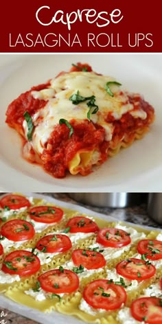 this is an image of lasagna rolls with cheese and tomatoes on top, then topped with marinara sauce