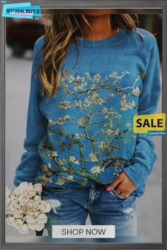 Blue Casual Shift Shirts & Tops Pullover Sweatshirts, Long Sleeve Sweatshirts, Shirts Tops, Crew Neck, Embroidery, Sweatshirts, Long Sleeve, Women's Top, T Shirt