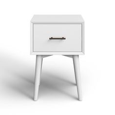 a white nightstand with two drawers on one side and an open drawer on the other