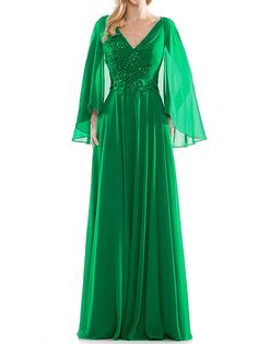 Emerald V-neck Chiffon Prom Dress In Georgette, Green Chiffon Evening Dress For Mother Of The Bride, Green Embellished Chiffon Dress, Sequin V-neck Chiffon Dress, Sequined Chiffon V-neck Dress, Green V-neck Chiffon Evening Dress, Green Chiffon Evening Dress, Long Sleeves Dress, Beaded Chiffon