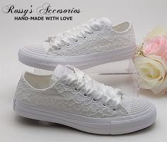 "Beautiful and Romantic wedding sneaker are a perfect accessories for your Special day..These Wedding White Converse Sneakers , are embellished with  White Sequin Lace fabric . White Satin Ribbon shoe lace for tying ... Lace is available in white , Ivory , Champagne , Blush  This Chuck Taylor All Star Monochrome Low Top runs a half-size large. Handmade to order, so please allow me enough time before your wedding date. Orders are processed and shipped within 5 -6 WEEKS of payment., large orders m Wedding Converse Shoes, Lace Converse, White Converse Sneakers, Ribbon Shoe Laces, Ribbon Shoes