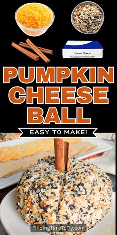 Cheese ball shaped like a pumpkin, covered in Everything Bagel seasoning with a cinnamon stick as a stem. Halloween Bagels, Fall Appetizer, Decorating Ideas For Fall, Everything Bagel Seasoning