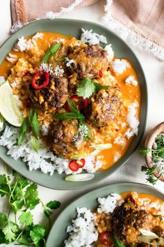 two plates with meatballs, rice and cilantro garnish on them