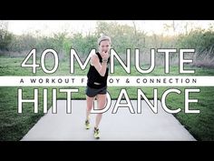 a woman in black shirt and shorts doing a dance on concrete with the words 40 minute hit dance