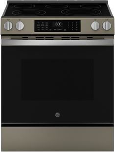 a stainless steel oven with an electronic display on the front and side panel, is shown