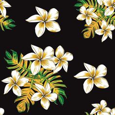 white and yellow flowers with green leaves on a black background seamless wallpaper pattern