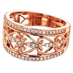 Own it. Lacy filigree patterns wrap this rose gold ring in vintage fashion perfection. Natural white diamonds decorate this ring for a total of a third carat in diamond weight. The irresistibly charming design makes this tempting piece a winning treat-yourself gift for those oh-so-special occasions. The ring covers 11 millimeters wide across the top and tapers down to 4 millimeters on the underside for a comfortable grip.Materials 61 Natural White Diamonds (1/3 Carats Total Diamond Weight, HI Co Vday Jewelry, Rose Gold Top, Gold Anniversary Rings, Jewellery Ring, Filigree Pattern, Gold Anniversary, Diamond Jewelry Designs, Ring Rose Gold, Buying Diamonds