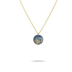 Handmade Porcelain Necklace, decorated with a pretty floral design.  Elegant blue porcelain disc pendant, highlighted with our gold fleur design. The circular disc charm hangs on a fine adjustable 16"-18" gold plated sterling silver chain and is gift packaged in a unique glass bottle. This handmade necklace is perfect for an 18th anniversary present, bridesmaid gift, birthday present, mother's day gift, gift for her or little treat for yourself. -PRODUCT INFORMATION- Our porcelain pieces are mad Blue Engraved Pendant Necklace, Blue Engraved Round Pendant Necklace, Blue Enamel Engraved Necklace, Blue Engraved Enamel Necklaces, 18th Anniversary, Porcelain Necklace, Nature Necklace, Porcelain Blue, Disc Pendant